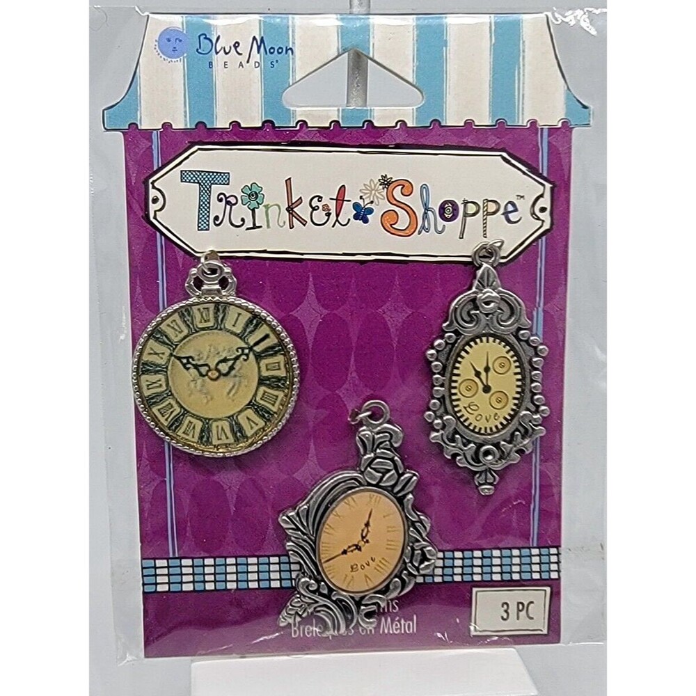 Blue Moon Beads Clock Charms Pendants Set 3  New Silver Tone Metal Steam Punk